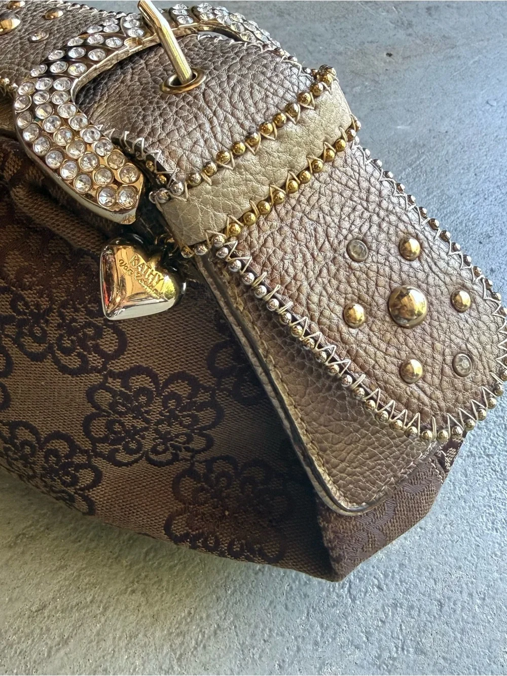 Y2K Kathy Van Zeeland Rhinestone Studded Brown Hobo Bag Western